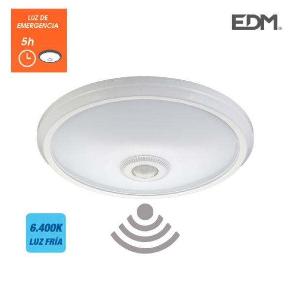 APLIQUE DE SUPERFICIE CON SENSOR Y LUZ DE EMERGENCIA IP20 1100 LUMENS 16W 30 LEDS 6.400K LUZ FRIA EDM